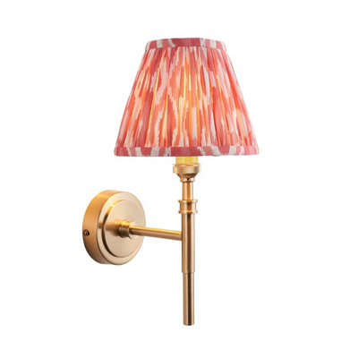 Luminosa Lighting Luminosa Chester Brushed Aged Brass Plate Wall Light With Coral Pink Fabric Ikat Shade 16Cm B22 from B&Q
