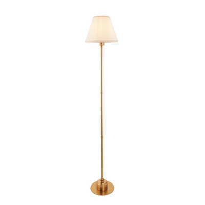 Luminosa Lighting Luminosa Burley Rechargeable Brushed Aged Brass Plate Floor Lamp With Vintage White Fabric Ivy Shade 25Cm Integrated Led