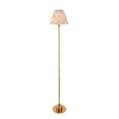 Luminosa Lighting Luminosa Burley Rechargeable Brushed Aged Brass Plate Floor Lamp With Neutral Print Fabric Ikat Shade 25Cm Integrated Led from B&Q