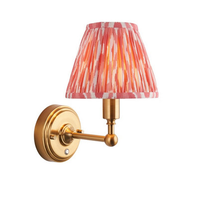 Luminosa Lighting Luminosa Burley Rechargeable Brushed Aged Brass Plate Wall Light With Coral Pink Fabric Ikat Shade 16Cm Integrated Led from B&Q