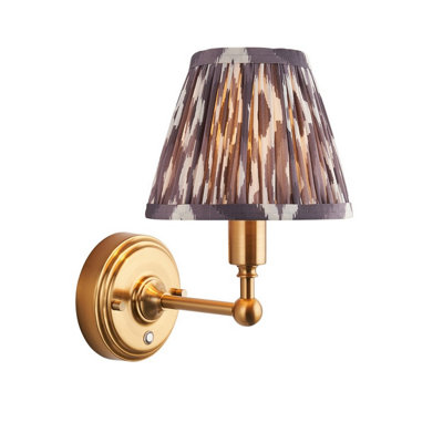 Luminosa Lighting Luminosa Burley Rechargeable Brushed Aged Brass Plate Wall Light With Pearl Grey Fabric Ikat Shade 16Cm Integrated Led from B&Q
