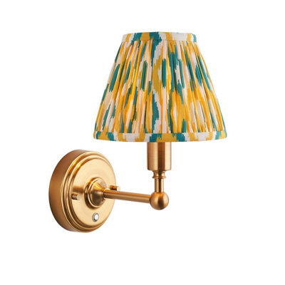 Luminosa Lighting Luminosa Burley Rechargeable Brushed Aged Brass Plate With Yellow Wall Light With Jade Fabric Ikat Shade 16Cm Integrated Led from B&Q