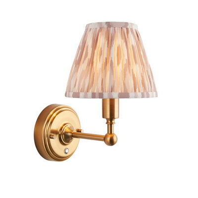 Luminosa Lighting Luminosa Burley Rechargeable Brushed Aged Brass Plate Wall Light With Neutral Print Fabric Ikat Shade 16Cm Integrated Led from B&Q