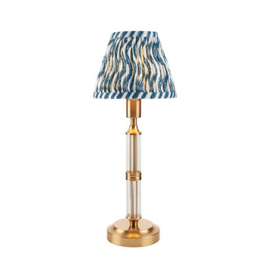 Luminosa Lighting Luminosa Morton Rechargeable Brushed Aged Brass Plate Table Lamp With Marlin Blue Fabric Ripple Shade 16Cm Integrated Led from B&Q