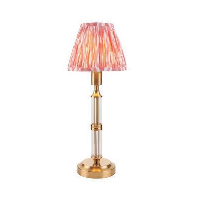 Luminosa Lighting Luminosa Morton Rechargeable Brushed Aged Brass Plate Table Lamp With Coral Pink Fabric Ikat Shade 16Cm Integrated Led from B&Q