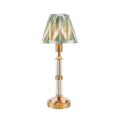 Luminosa Lighting Luminosa Morton Rechargeable Brushed Aged Brass Plate Table Lamp With Cotswold Green Fabric Zigzag Shade 16Cm Integrated Led from B&Q