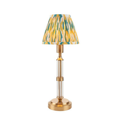 Luminosa Lighting Luminosa Morton Rechargeable Brushed Aged Brass Plate Table Lamp With Yellow/jade Fabric Ikat Shade 16Cm Integrated Led from B&Q