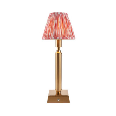 Luminosa Lighting Luminosa Trobridge Rechargeable Brushed Aged Brass Plate Table Lamp With Coral Pink Fabric Ikat Shade 16Cm Integrated Led from B&Q