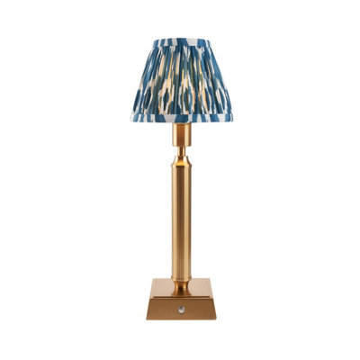 Luminosa Lighting Luminosa Trobridge Rechargeable Brushed Aged Brass Plate Table Lamp With Marlin Blue Fabric Ikat Shade 16Cm Integrated Led from B&Q