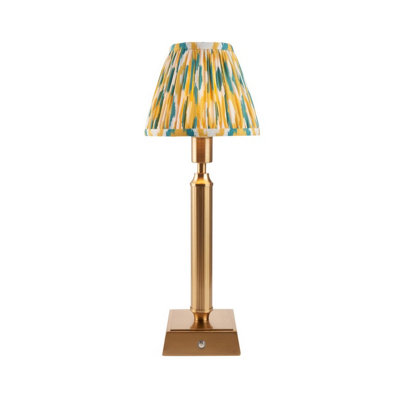 Luminosa Lighting Luminosa Trobridge Rechargeable Brushed Aged Brass Plate With Yellow Table Lamp With Jade Fabric Ikat Shade 16Cm Integrated Led from B&Q