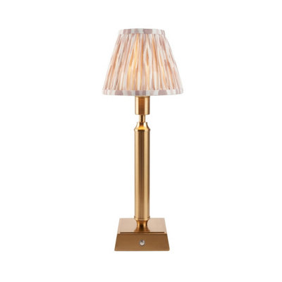 Luminosa Lighting Luminosa Trobridge Rechargeable Brushed Aged Brass Plate Table Lamp With Neutral Print Fabric Ikat Shade 16Cm Integrated Led from B&Q