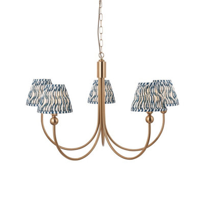 Luminosa Lighting Luminosa Santiago Brushed Aged Brass Plate Pendant Light With Marlin Blue Fabric Ripple Shade 16Cm 5X B22 from B&Q