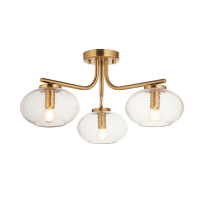 Luminosa Lighting Luminosa Jacob Multi Arm Semi Flush Ceiling Lamp Warm Brass Plate & Clear Bubble Glass 3X E14 from B&Q