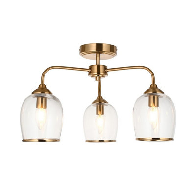 Luminosa Lighting Luminosa Ashcroft Multi Arm Semi Flush Ceiling Lamp Brushed Aged Brass Plate & Clear Glass 3X E14 from B&Q