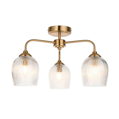 Luminosa Lighting Luminosa Ashcroft Ribbed Multi Arm Semi Flush Ceiling Lamp Brushed Aged Brass Plate & Clear Ribbed Glass 3X E14 from B&Q
