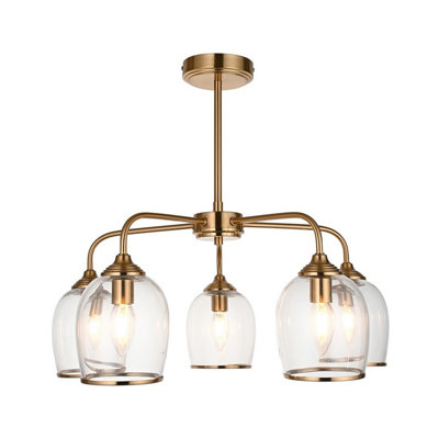 Luminosa Lighting Luminosa Ashcroft Multi Arm Pendant Ceiling Light Brushed Aged Brass Plate & Clear Glass 5X E14 from B&Q