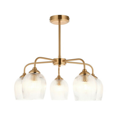 Luminosa Lighting Luminosa Ashcroft Ribbed Multi Arm Pendant Ceiling Light Brushed Aged Brass Plate & Clear Ribbed Glass 5X E14 from B&Q