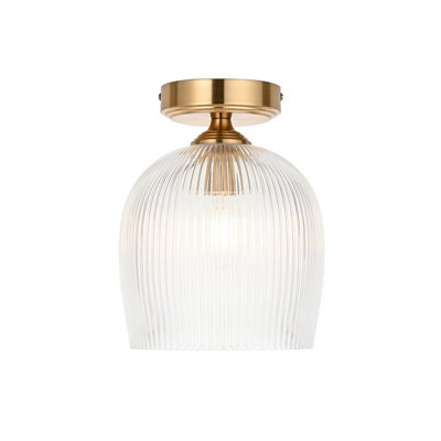 B&Q -  Luminosa Ashcroft Ribbed Bowl Semi Flush Ceiling Light Brushed Aged Brass Plate & Clear Ribbed Glass E27