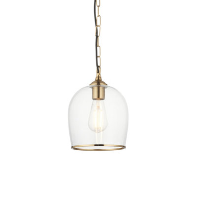 Luminosa Lighting Luminosa Ashcroft Dome Pendant Ceiling Light Brushed Aged Brass Plate & Clear Glass E27 from B&Q