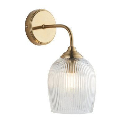 Luminosa Lighting Luminosa Ashcroft Ribbed Dome Wall Lamp Brushed Aged Brass Plate & Clear Ribbed Glass E14 from B&Q