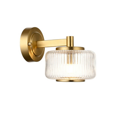 B&Q -  Luminosa Stamford Dome Wall Lamp Brushed Aged Brass Plate & Clear Ribbed Glass G9