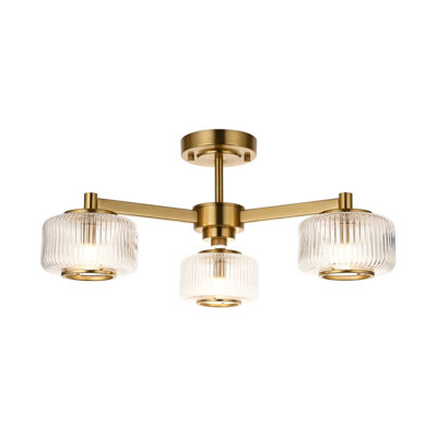 B&Q -  Luminosa Stamford Multi Arm Semi Flush Ceiling Lamp Brushed Aged Brass Plate & Clear Ribbed Glass 3X G9