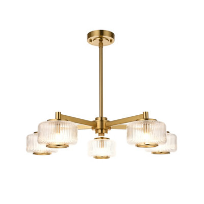 B&Q -  Luminosa Stamford Multi Arm Pendant Ceiling Light Brushed Aged Brass Plate & Clear Ribbed Glass 5X G9