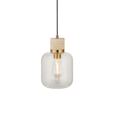 B&Q -  Luminosa Travi Slim Pendant Ceiling Light Natural TravertineVintage Brass & Clear Glass E27