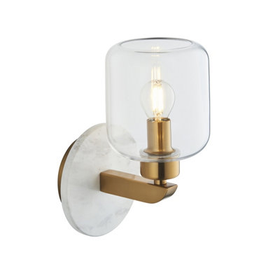 B&Q -  Luminosa Travi Wall Lamp White Volakas MarbleVintage Brass & Clear Glass E14