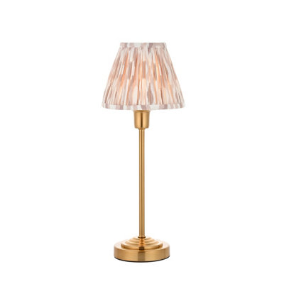 Luminosa Lighting Luminosa Rise Vintage Brass Finish Table Lamp With Neutral Print Fabric Ikat Shade 16Cm E14 from B&Q