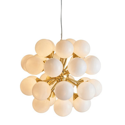 B&Q -  Luminosa Oscar Globe Pendant Satin Brushed Gold Effect Plate & Gloss White Glass 28 Light Dimmable Ip20G9