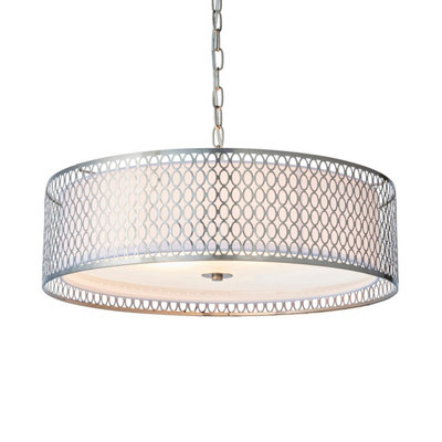 B&Q -  Luminosa Cordero 3 Light Round Ceiling Pendant Satin Nickel Plate & White Cotton MixE27