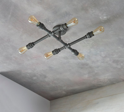 Anson Lighting Tube Aged Pewter Industrial Style 6 Light Flush Semi Flush Ceiling Light from B&Q