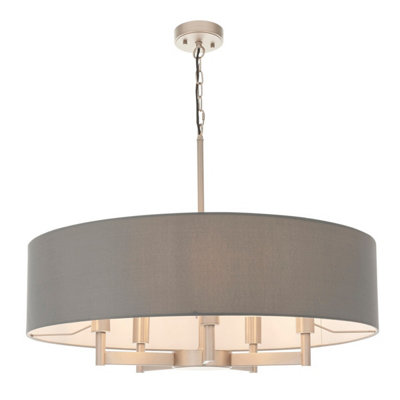 Luminosa Lighting Luminosa Grande Cylindrical Pendant Ceiling Light Matt Nickel PlateGrey Fabric5X E27 from B&Q