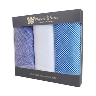 Warwick & Vance Men's 100% Cotton Blue Check Handkerchiefs 3 Pack from B&Q