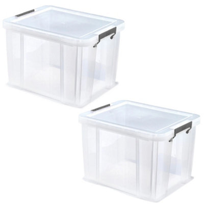 B&Q -  Set Of 2 Allstore 36L Plastic Storage Boxes With Lids & Silver Clamps