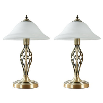 Valuelights Memphis 2 X Style Antique Brass Barley Twist Table Lamps With Frosted Alabaster Shades And Led Gls Light Bulbs from B&Q