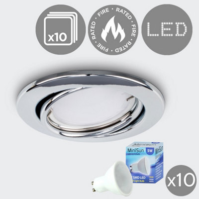 B&Q -  Pack Of 10 Fire Rated Chrome Tiltable Gu10 Recessed Ceiling DownlightsComplete With 5W Led Bulbs 3000K Warm White
