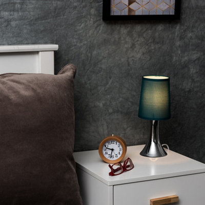 Valuelights Pair Of Brushed Chrome Touch Dimmer Bedside Table Lamps With Blue Cylinder Light Shades from B&Q