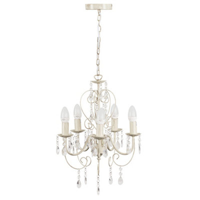 Valuelights Lille Cream Ornate 5 Way Ceiling Light Chandelier With Acrylic Jewels And 5 Led Ses E14 Frosted Glass Candle Bulbs from B&Q