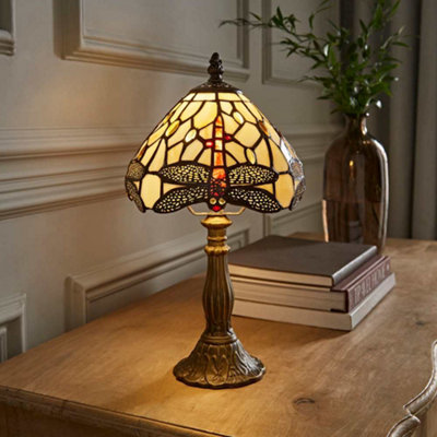 Valuelights Ivory/Red/Green Tiffany Dragonfly Stained Glass Table Lamp And Bulb