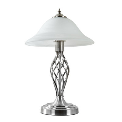 Valuelights Memphis Satin Nickel Barley Twist Table Lamp With Frosted Alabaster ShadeComplete With 6W Led Bulb In Warm White from B&Q