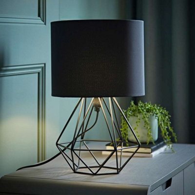 Valuelights Angus Modern Black Metal Basket Cage Bed Side Table Lamp With Black Fabric Shade With Led Golfball Bulb In Warm White from B&Q