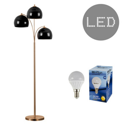 Valuelights Designer Style 3 Way Polished Copper Floor Lamp With Gloss Black Dome Shades - Led Golfball Bulbs 3000K Warm White Black/White