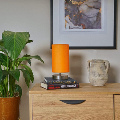 Valuelights Francis Brushed Chrome Touch Dimmer Bedside Table Lamp With Cylinder Shade Orange/Light