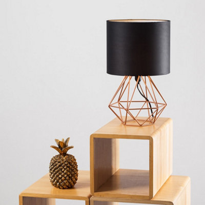 B&Q -  Angus Modern Copper Metal Basket Cage Bed Side Table Lamp With Black Fabric Shade