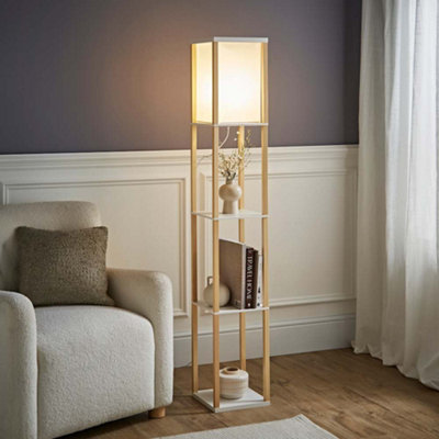 Valuelights Struttura Oak Shelving Unit Floor Lamp With Fabric Shade Light