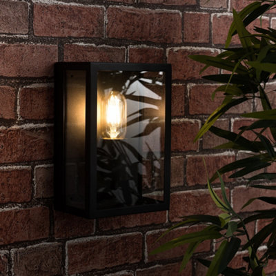 Valuelights Tideswell Modern Ip44 Rated Black And Glass Rectangular Outdoor Security Wall Light Lantern from B&Q