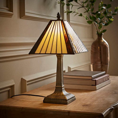 Valuelights Tiffany Stained Glass Antique Brass Table Lamp Ivory/Red