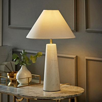 B&Q -  Margot White Marble Bedside Table Lamp With A Linen Tapered Lampshade